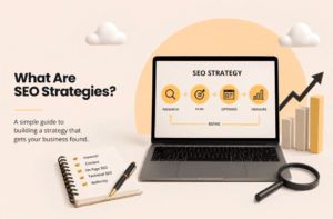 What are SEO strategies illustration showing research, planning, optimisation and measurement