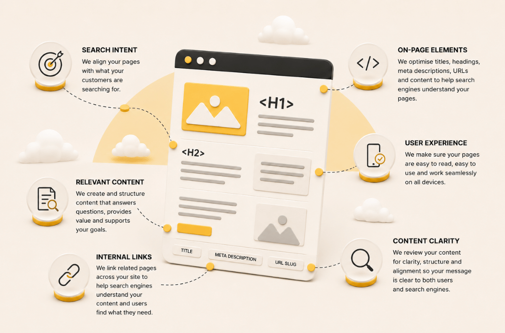 Illustration representing on-page SEO with connected website and search elements