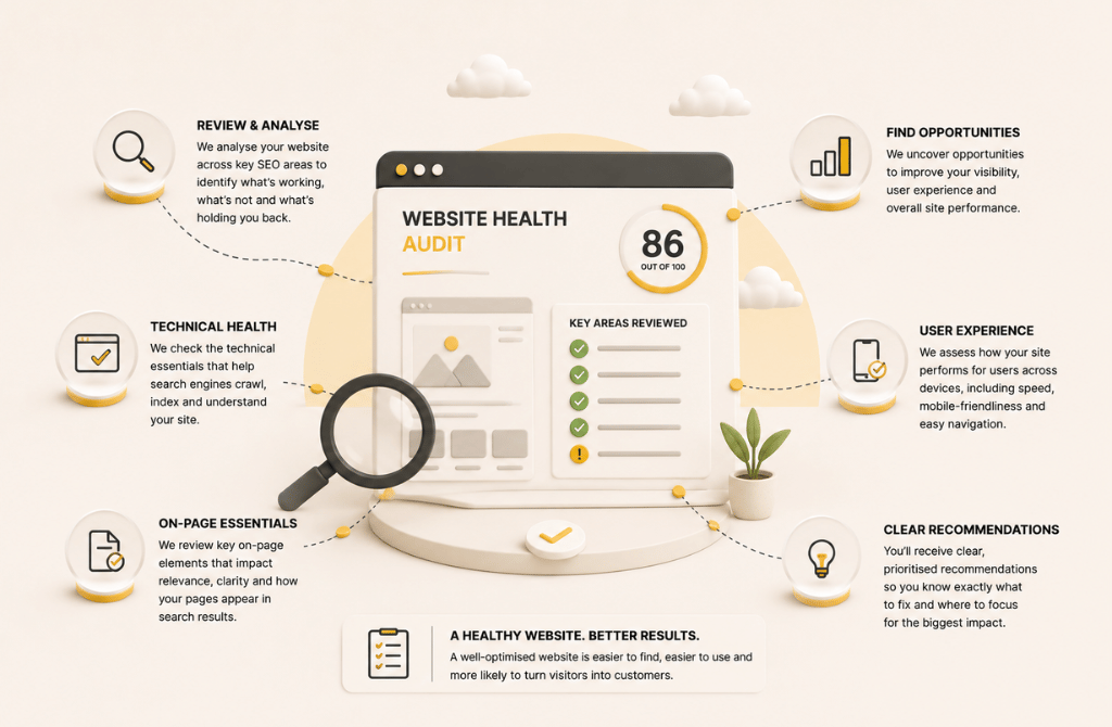 Illustration representing a website health audit with connected website and search elements