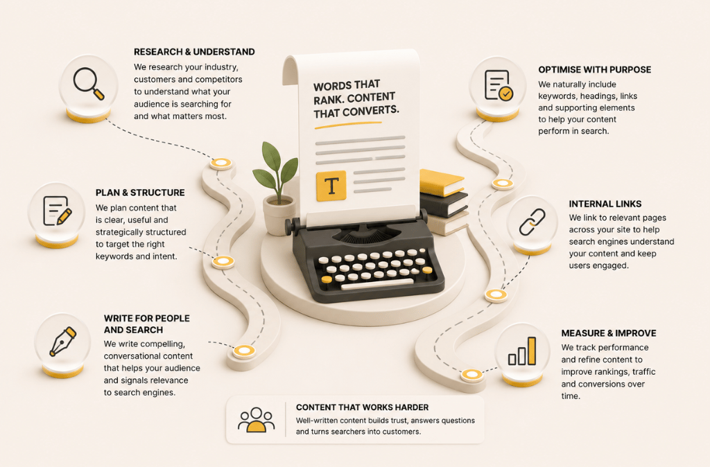 Illustration representing SEO copywriting with connected content and search elements